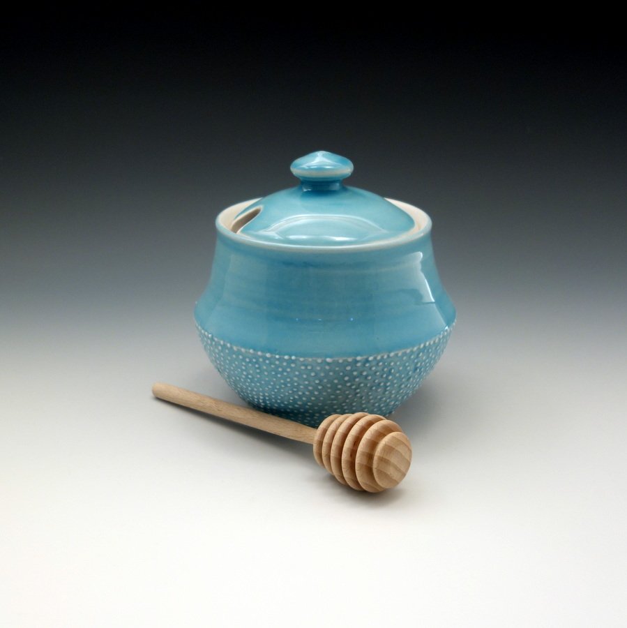 Blue glazed porcelain honey pot with slip trailed dots by Emily Murphy Pottery