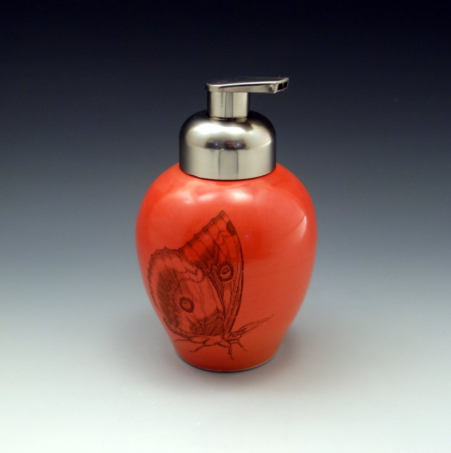 Tomato red foam soap dispenser with butterflies and brushed nickel pump