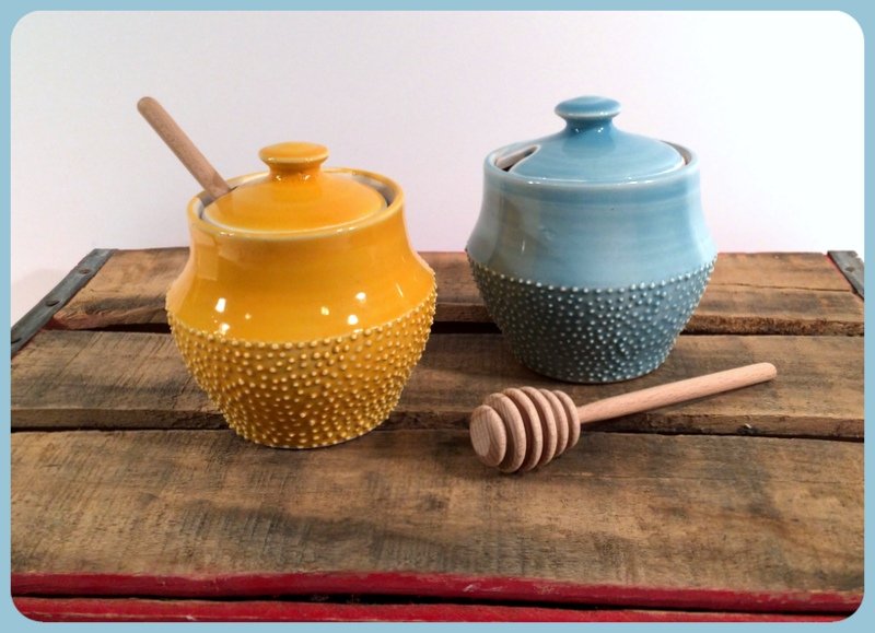 Emily Murphy Pottery porcelain honey pots with dots